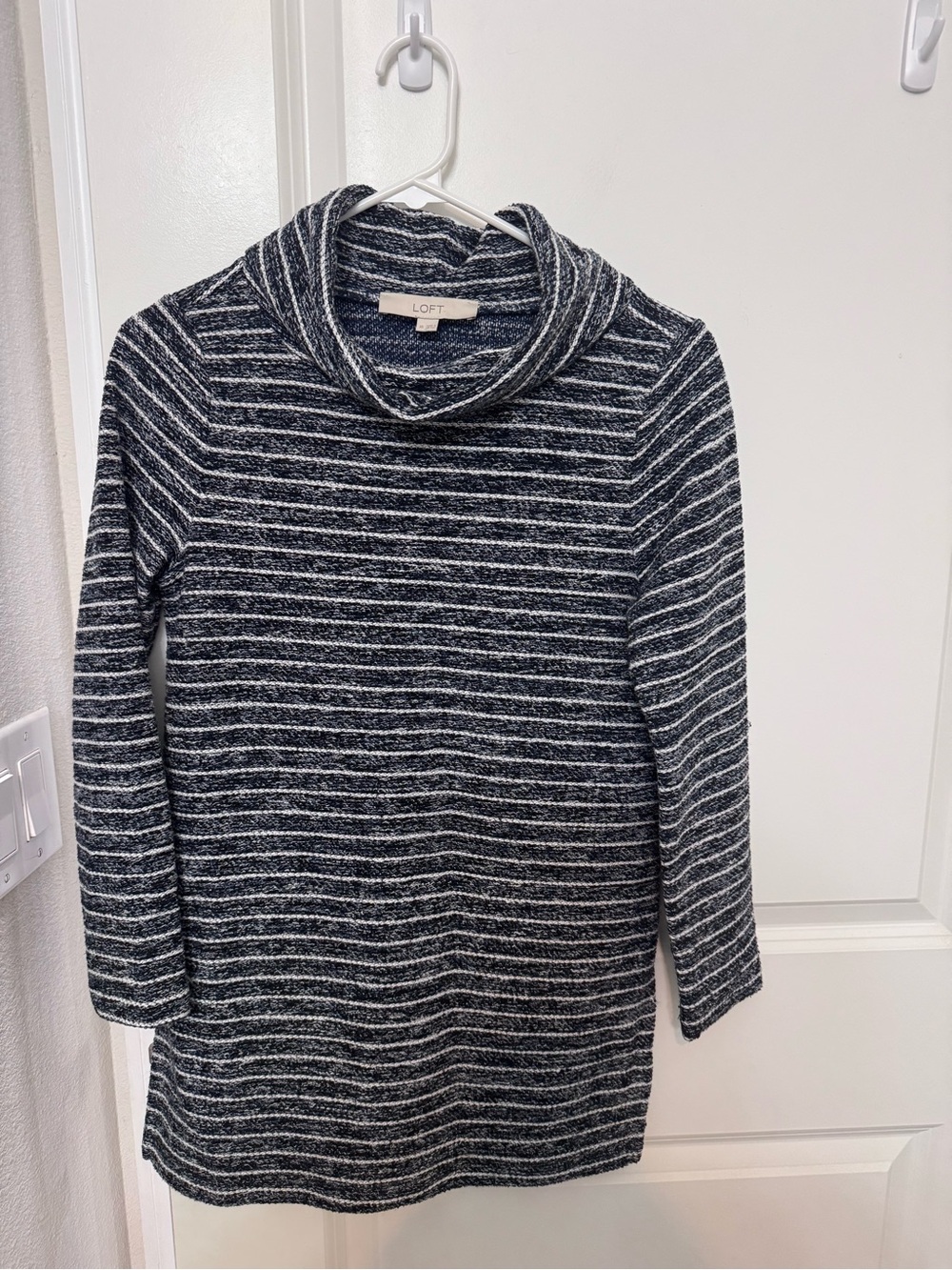 LOFT Navy Blue and White Striped Cowl Neck Sweater